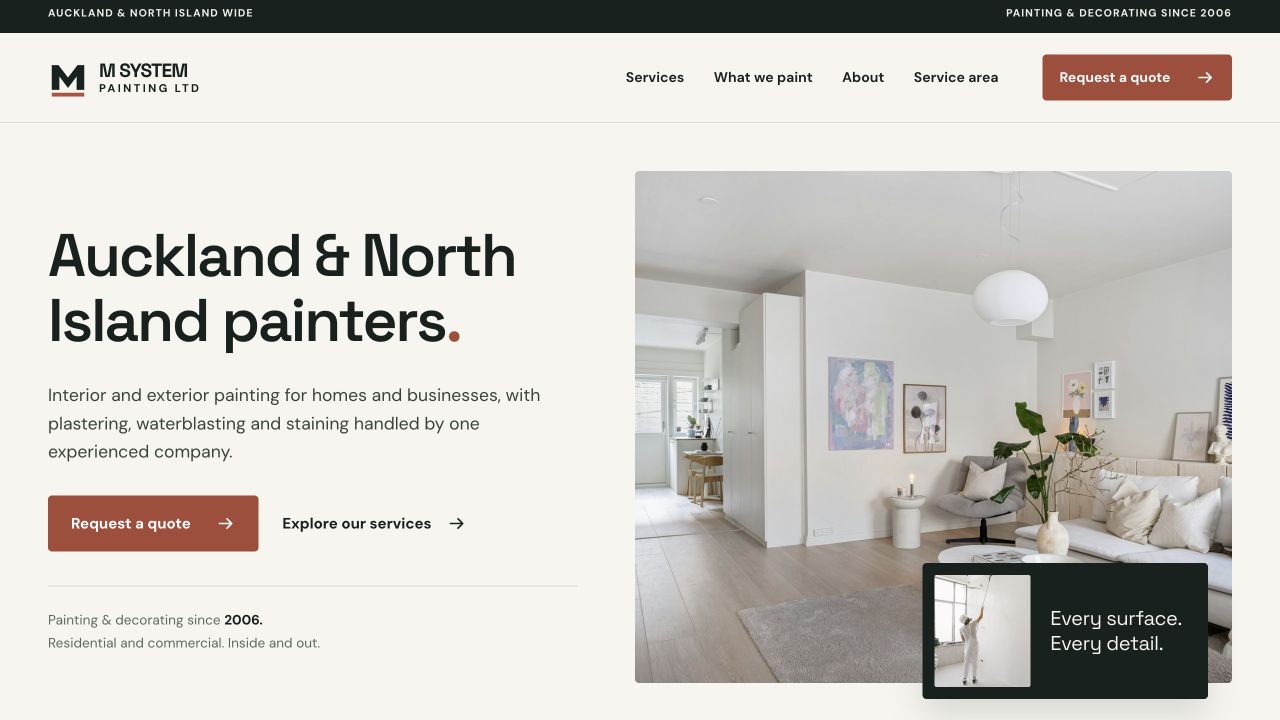 M System Painting website with service information and a quote action