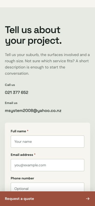 M System Painting mobile quote section with contact details and enquiry fields